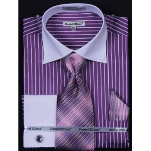 Daniel Ellissa Purple Vertical Stripe Two Tone Shirt / Tie / Hanky Set With Free Cufflinks DS3764P2